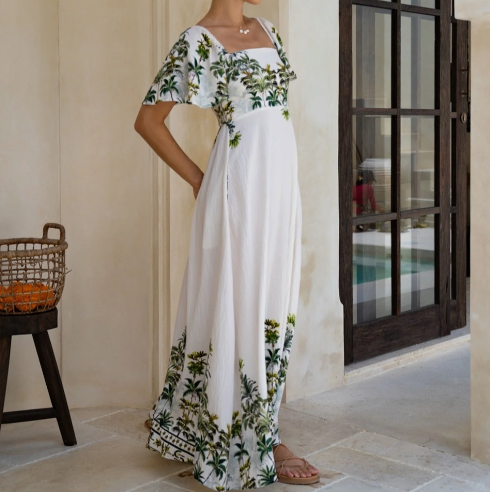 Hey Chic Sabina Green Tropical Flared Sleeve Maxi Dress 8 NWT